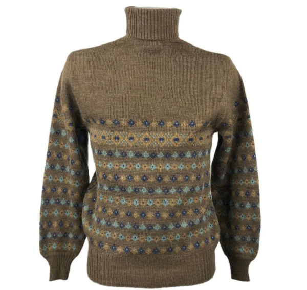 Maglione vintage a collo alto da uomo marrone con motivi di colori scuri