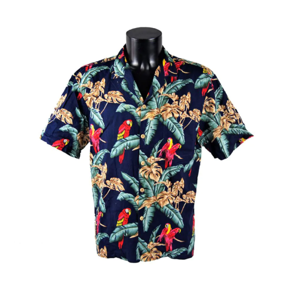 Camicia hawaiiana vintage da uomo blu con stampa di pappagalli rossi tra foglie verdi e marrone chiaro
