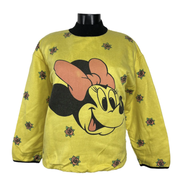 Felpa vintage gialla da donna con stampa Disney di Minni Mouse e di fiorellini rosa e verde