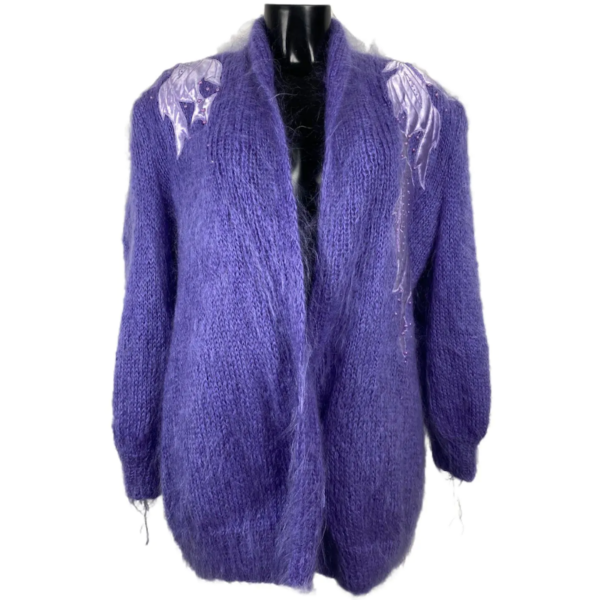 Cardigan vintage da donna di lana mohair con fantasia ali lilla