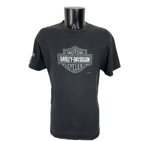 Maglietta a maniche corte vintage nera Harley Davidson con logo bianco grigio e nero