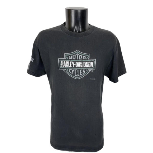 Maglietta a maniche corte vintage nera Harley Davidson con logo bianco grigio e nero