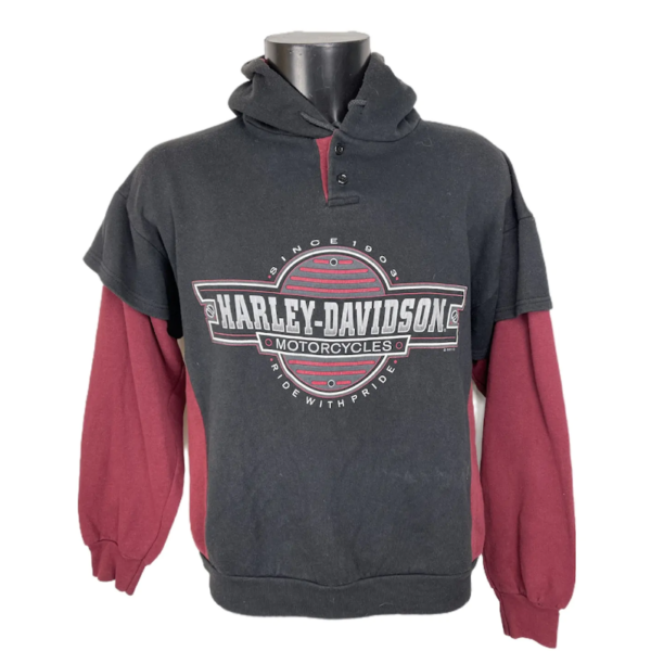 Felpa Harley Davidson nera e rossa con cappuccio e logo e scritta bianchi rossi e e grigi