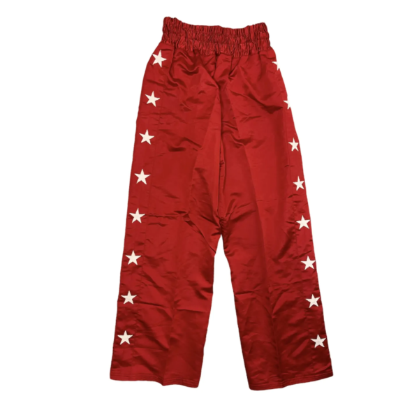 Pantalone boxe vintage tuta lucido cerato rosso con stelle bianche ai lati ed elastico in vita