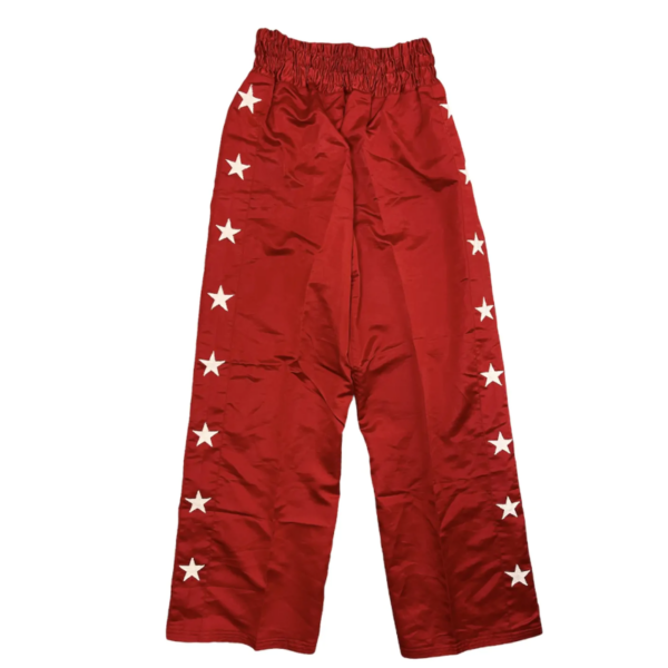 Pantalone boxe vintage tuta lucido cerato rosso con stelle bianche ai lati ed elastico in vita