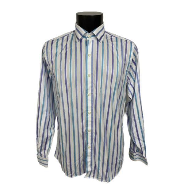 Camicia vintage da uomo a maniche lunghe bianca a righe verticali alternate viola azzurre e lilla con bottoni bianchi