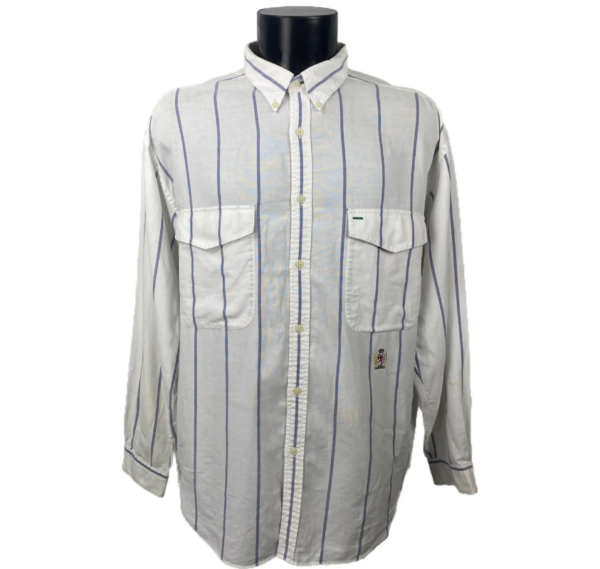 Camicia a maniche lunghe vintage bianca a righe verticali strette azzurre da uomo