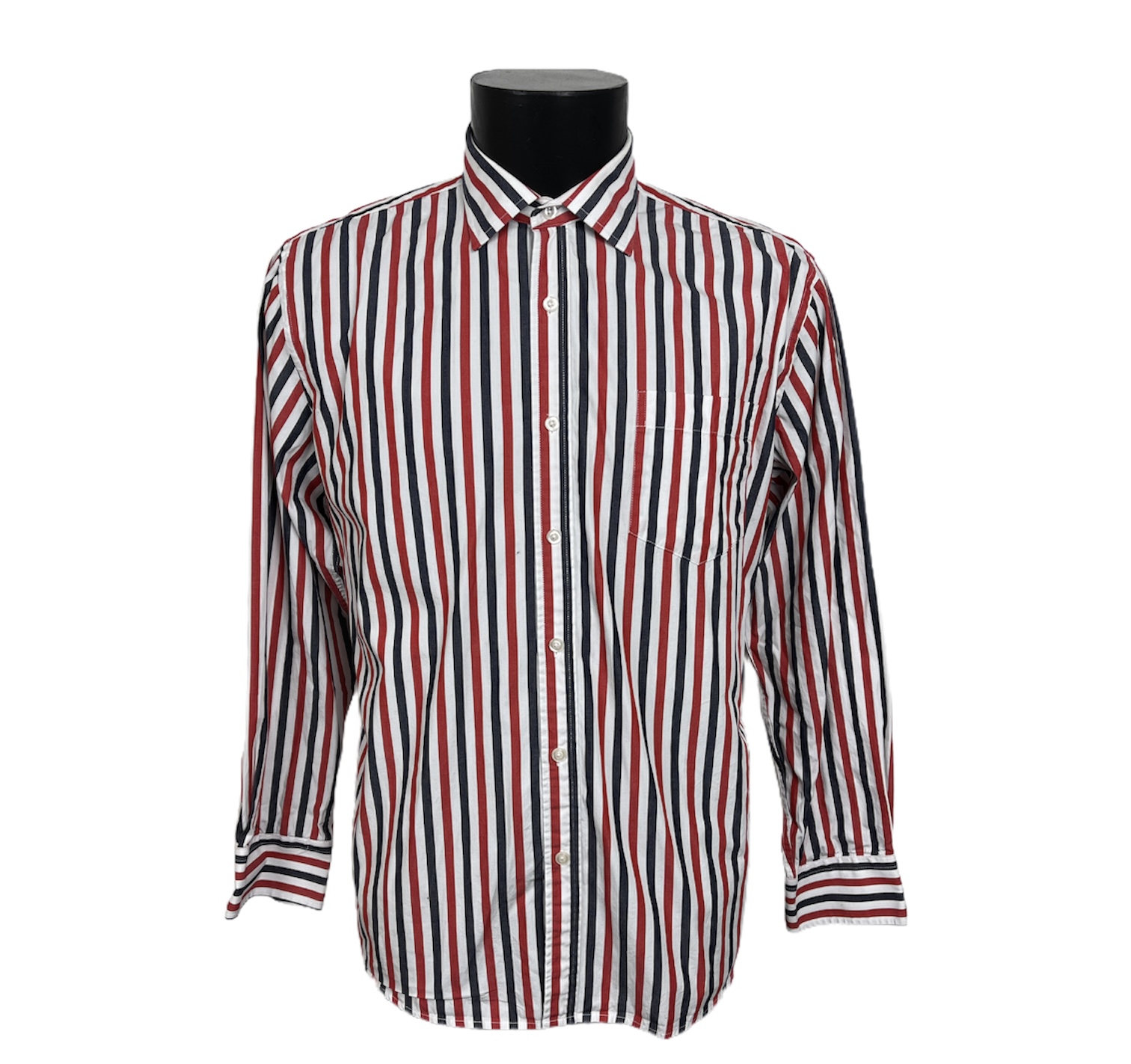 Camicia vintage a maniche lunghe bianca a righe verticali alternate rosse e blu con bottoni bianchi