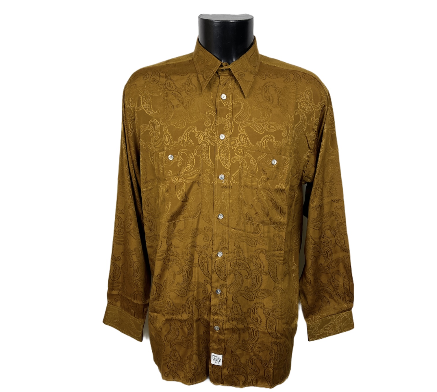 Camicia damascata vintage da uomo dorata scuro con bottoni bianchi