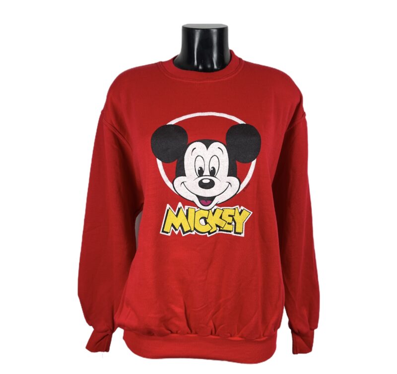 Felpa vintage da donna rossa con stampa Disney di Mickey Mouse bianca nera e gialla