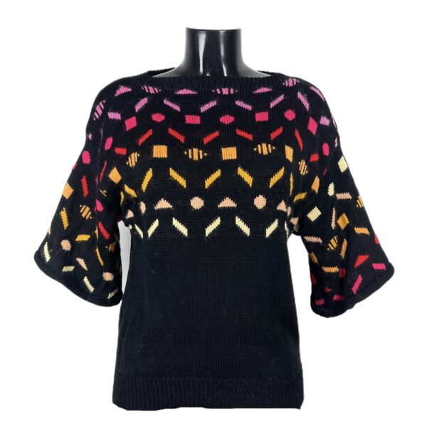 Maglione vintage da donna con maniche a tre quarti nero con motivi colorati