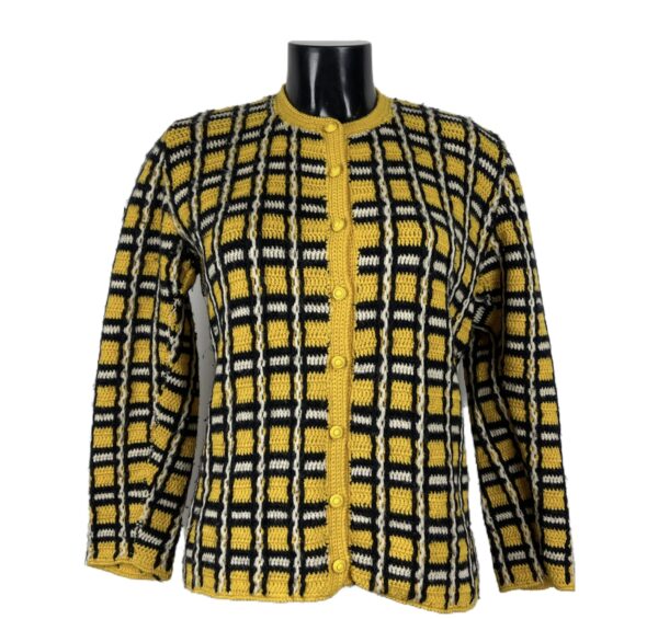 Cardigan vintage da donna giallo con bottoni gialli e fantasia a quadri bianca e nera