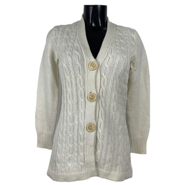 Cardigan vintage da donna bianco con lavorazione dal motivo intrecciato e bottoni color panna