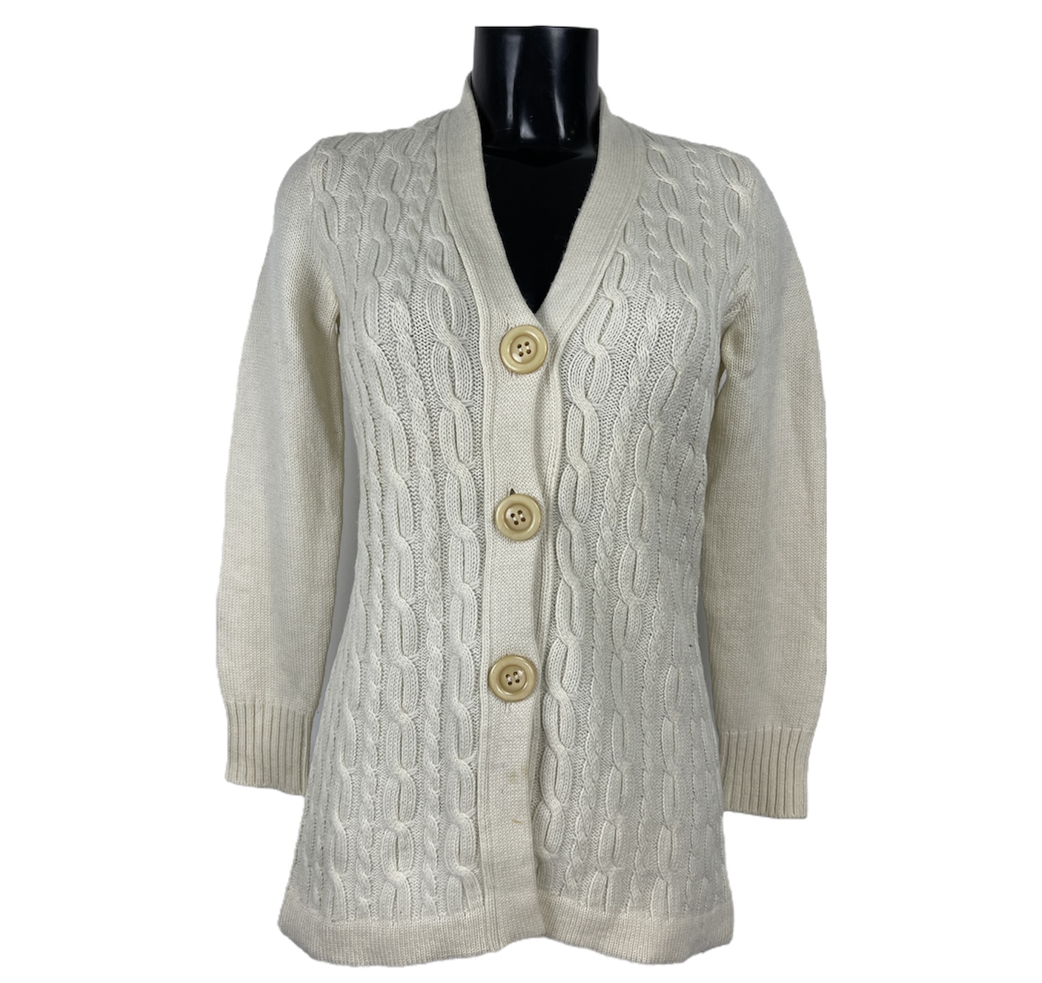 Cardigan vintage da donna bianco con lavorazione dal motivo intrecciato e bottoni color panna