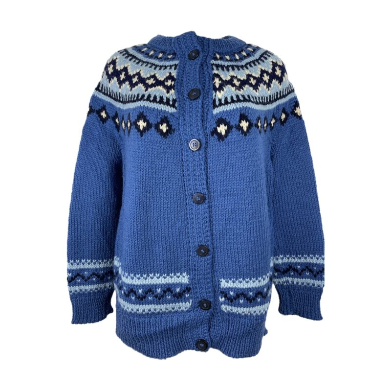 Cardigan norvegese vintage da donna di lana blu con motivo norvegese bianco nero e azzurro e bottoni neri