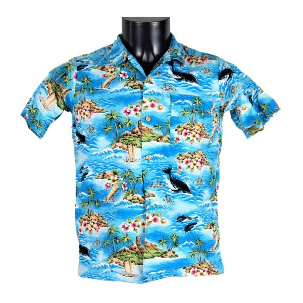 Camicia hawaiiana vintage da uomo azzurra con stampe di un'isola tropicale nel mare