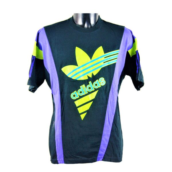 T-shirt Adidas vintage nera viola e giallo fluo