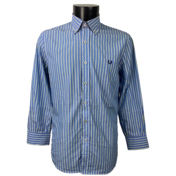 Camicia vintage firmata a maniche lunghe a righe strette verticali bianche e azzurre da uomo