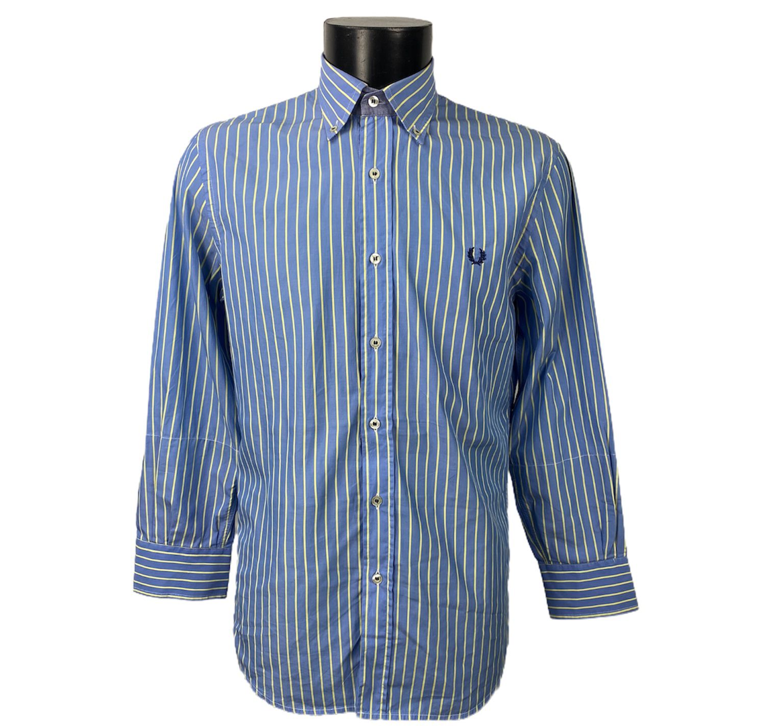 Camicia vintage firmata a maniche lunghe a righe strette verticali bianche e azzurre da uomo