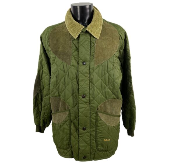 Giubbotto Barbour vintage in trapunta da uomo verde militare con colletto begie in velluto a coste