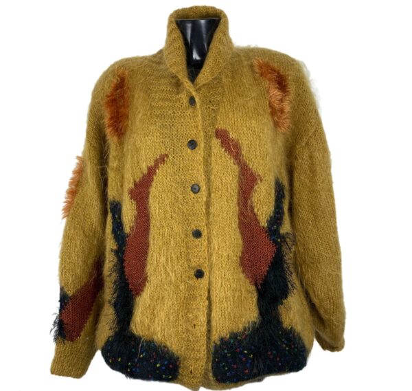 Cardigan da donna in lana mohair giallo con fantasia nera e marrone