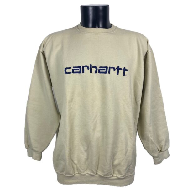 Felpa Carhartt vintage senza cappuccio color panna con scritta Felpa Carhartt blu