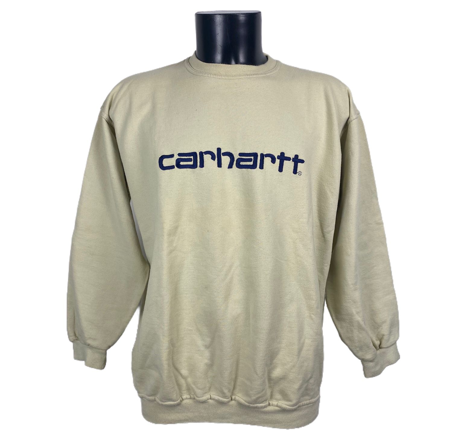 Felpa Carhartt vintage senza cappuccio color panna con scritta Felpa Carhartt blu