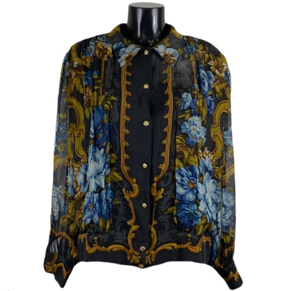 Camicia vintage a maniche lunghe da donna nera con stampa barocca oro scuro con fiori blu verdi e azzurri