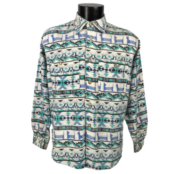 Camicia di flanella vintage da uomo bianca con stampa azteca in varie tonalità di azzurro