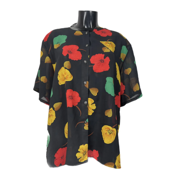 Camicia vintage a maniche corte da donna nera con stampa di fiori gialli rossi e verdi