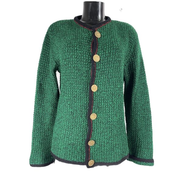 Maglione tirolese vintage verde con bordo nero e bottoni dorati